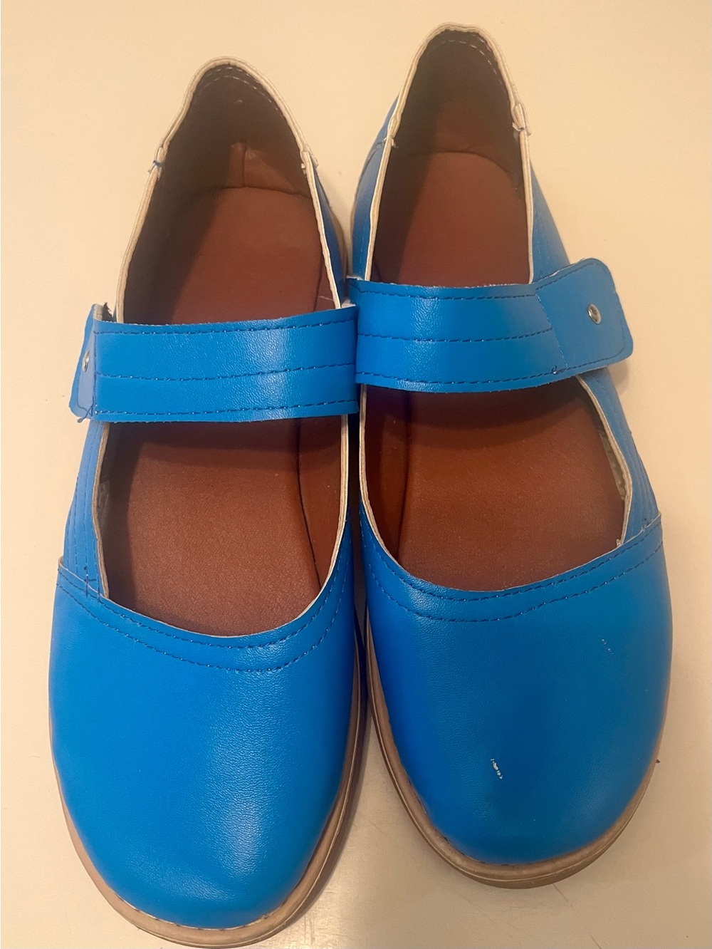 Women's Leather Mary Jane Dress Shoes in Bright Blue with Hook Strap